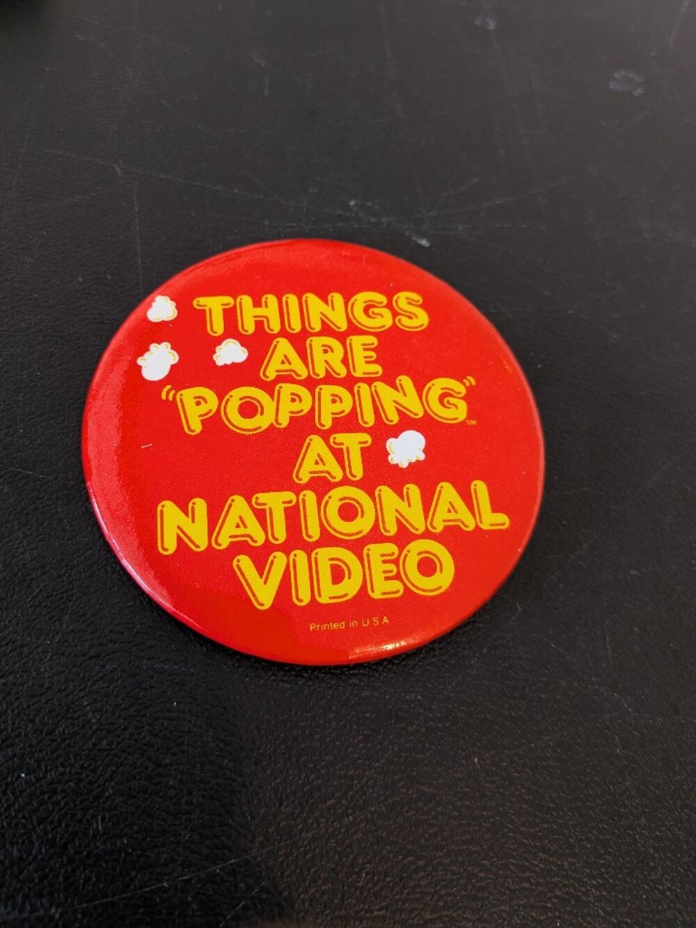 Vintage "Things Are Popping at National Video" Button Pin
